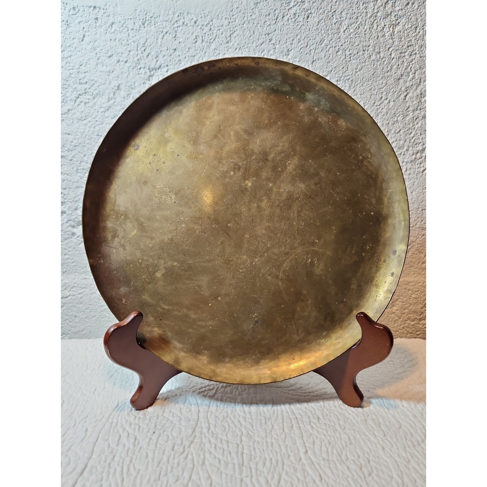 Large Brass Tray, Platter, Unpolished Original Patina. 11" Vintage